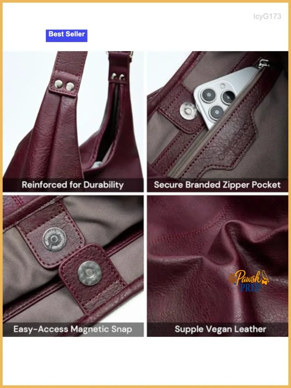 Vegan Leather Slouchy Hobo Tote with Matching Pouch, Adjustable Strap